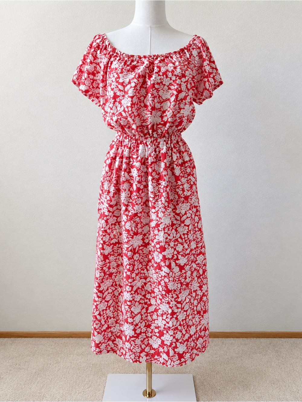 Universal Thread Red & White Floral Off-Shoulder Midi Dress Open Back Cutout